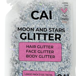Hair Glitter Gel; Body Glitter & Face Glitter for Women/Kids (Large 3 Oz Silver) Moon & Stars; Iridescent Holograph Cosmetic Grade- Apply Without Glue, Easy to Take Off Keeps Skin Clean