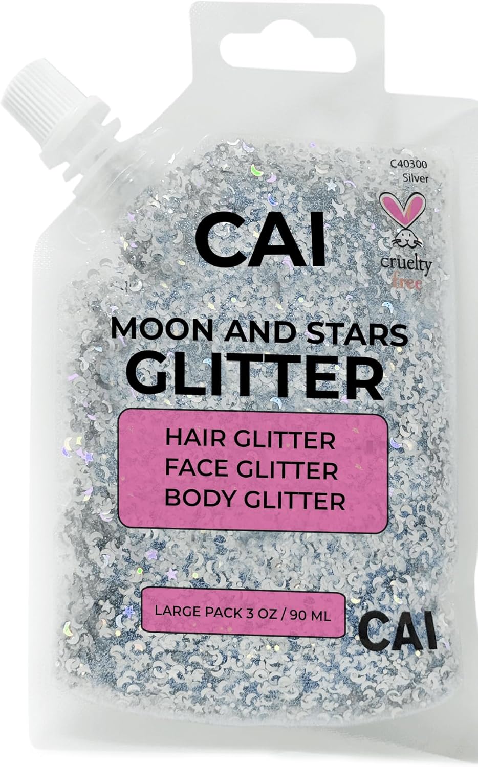 Hair Glitter Gel; Body Glitter & Face Glitter for Women/Kids (Large 3 Oz Silver) Moon & Stars; Iridescent Holograph Cosmetic Grade- Apply Without Glue, Easy to Take Off Keeps Skin Clean
