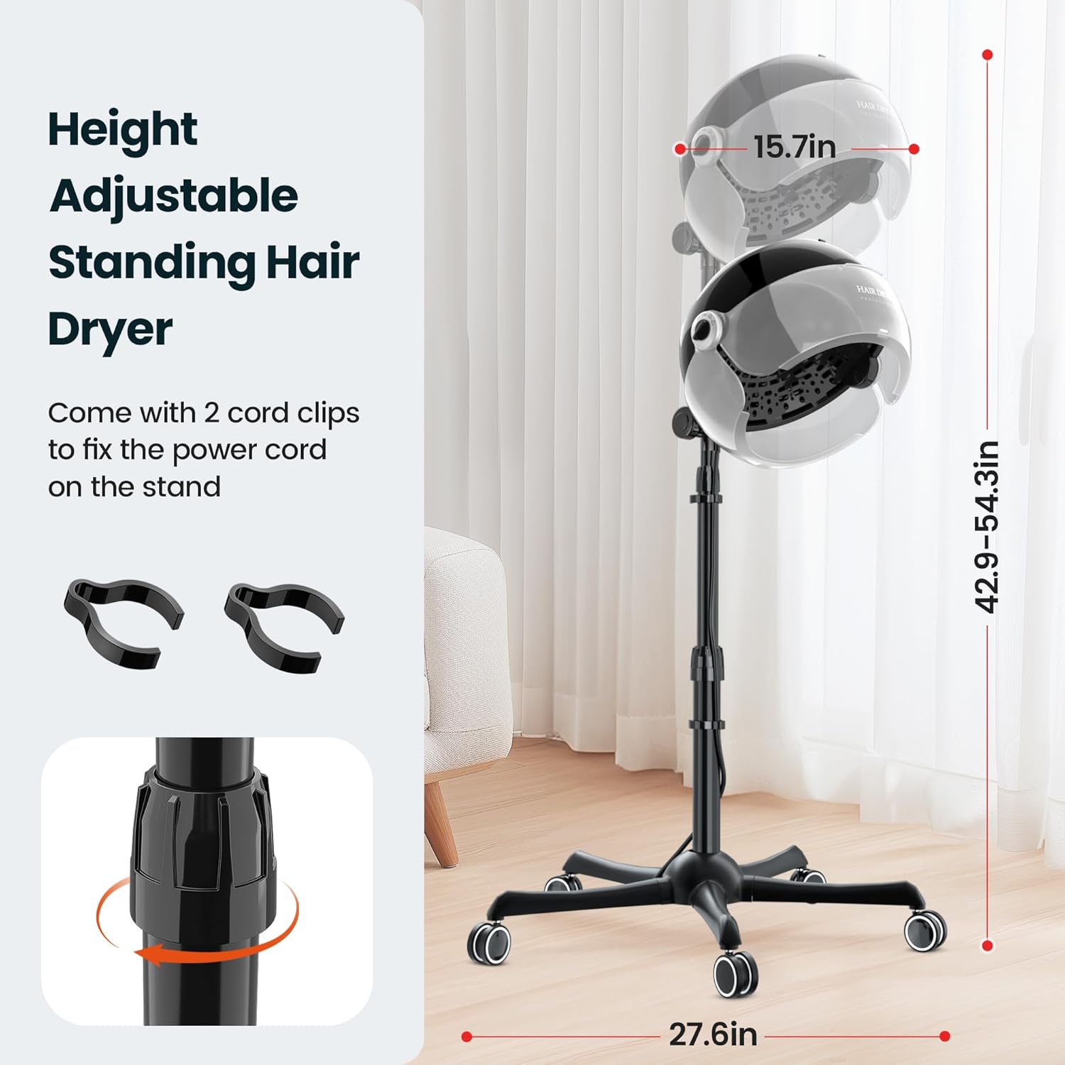 Professional Ionic Hooded Hair Dryer, 1875W Height Adjustable with Bonnet 3 Temperature Settings, Rolling Wheels for Salon, Spa and Home Use - Image 5
