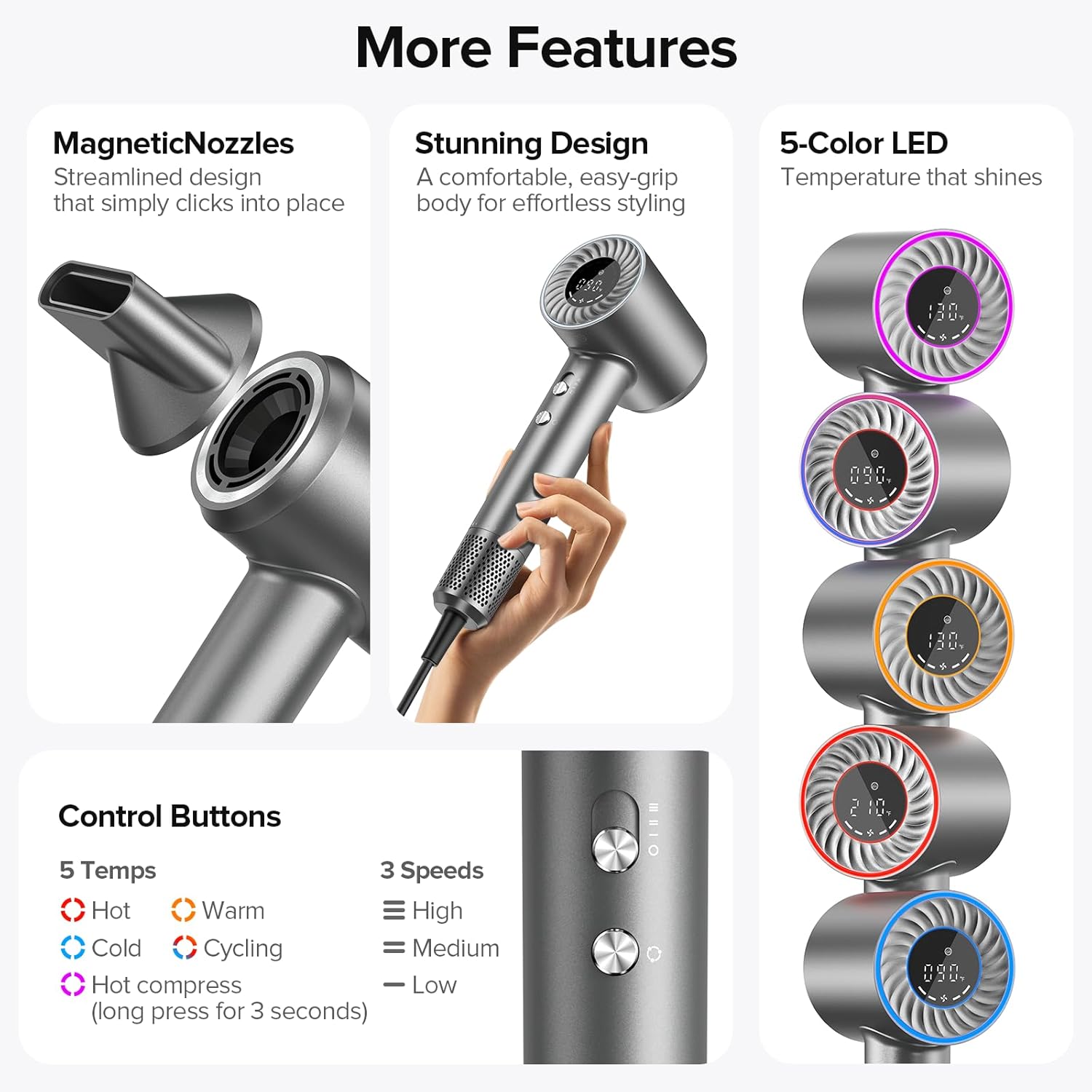 Hair Dryer, 150000 RPM Brushless Motor with 500M Negative Ions, Fast-Dry Lightweight Design, ThermoControl & Magnetic Nozzle/Diffuser, Low Noise Salon Blow Dryer for All Hair, Travel, Home - Image 6