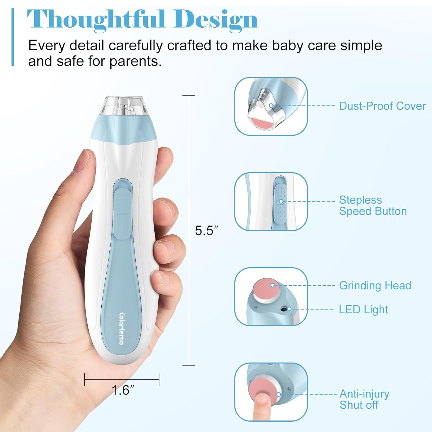 Rechargeable Baby Nail Trimmer Electric Baby Nail File, 15-in-1 Nail Clippers Filer Buffer Kit with Dust Cover LED Light for Newborn Infant Toddler Adult Toes Fingernails, Blue - Image 6