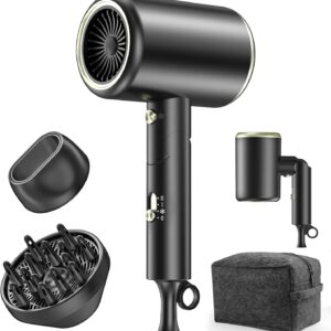 Hair Dryer, 150000RPM Ionic Blow Dryer - Fast Drying, Low Noise, Foldable Portable with Diffuser and Nozzle, Compact Mini for Women and Men, Home and Travel (Black)
