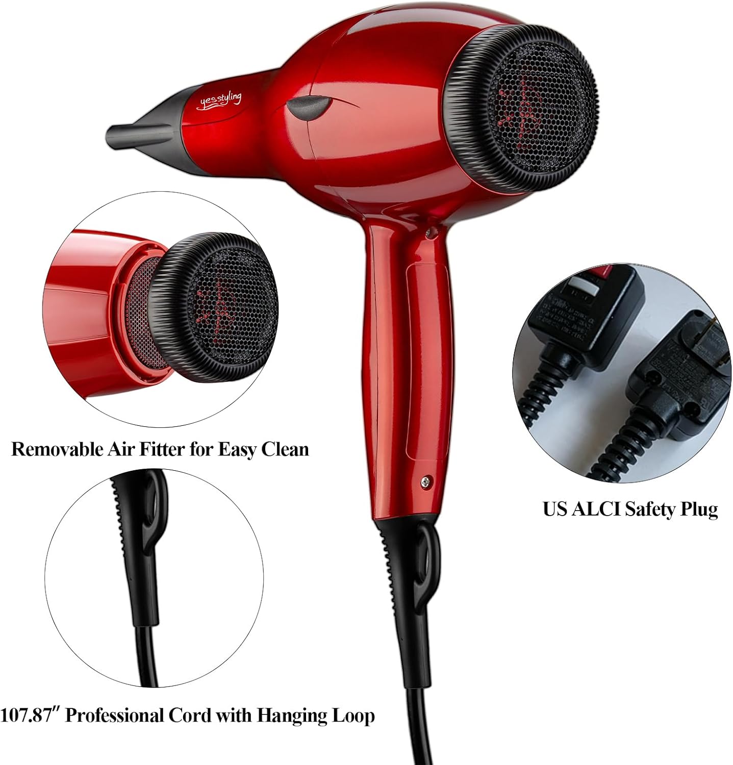 Professional Salon Hair Dryer, 1875W Blow Dryer, 2 Concentrator Nozzles, 3 Heat Settings, 2 Speed Slide Switch, Cool Shot Button, Fast Drying for Family, Low Noise (Cola Red) - Image 5