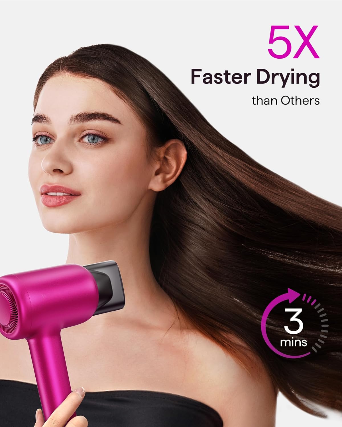 Wavytalk Hair Dryer, Wavytalk Turblow Pro Fast Drying Blow Dryer with Diffuser, High Speed Hair Dryer with 110,000 RPM, Pro Negative Ions for Less Damage, Frizz Smoothing 3 Speeds & 3 Temps, Hot Pink - Image 2
