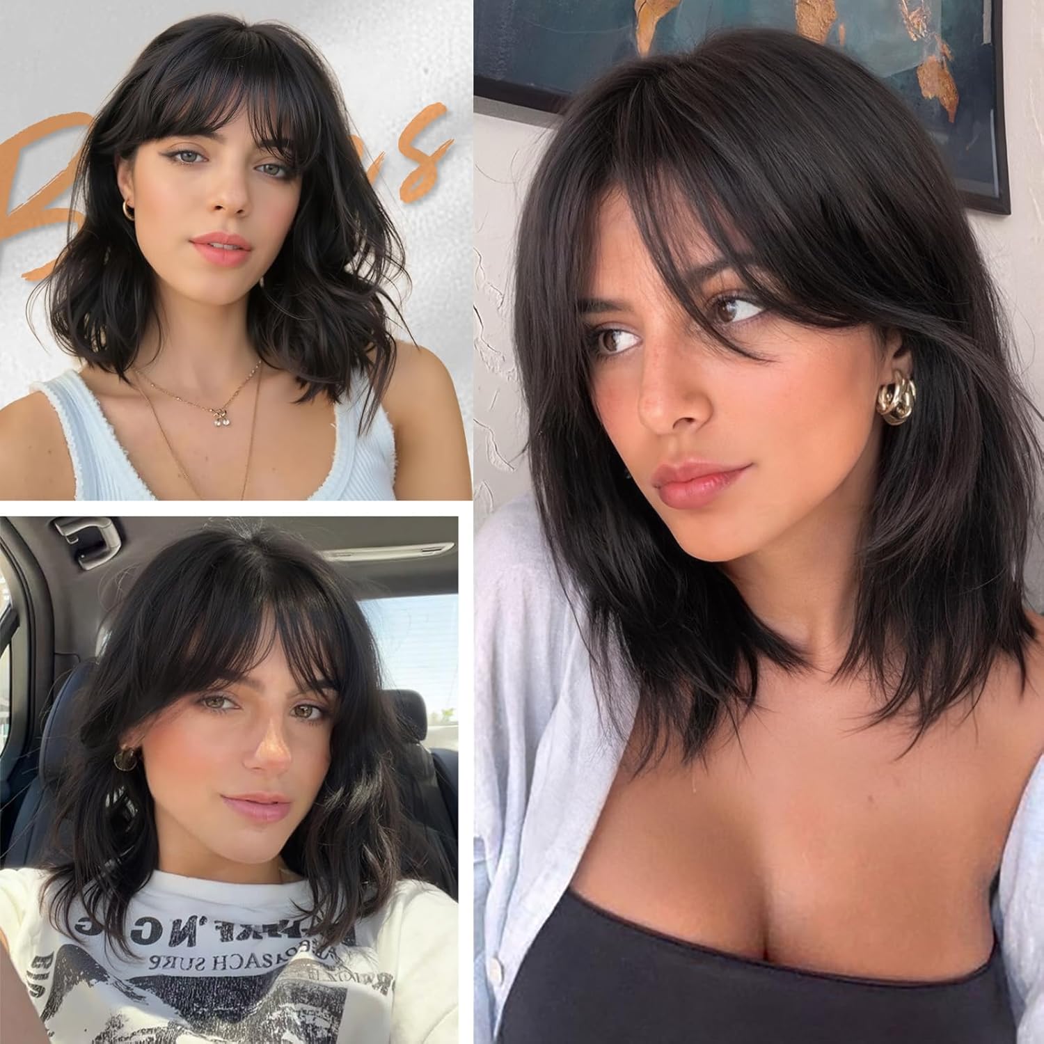 FAVE Natural Wave Human Hair Wigs with Bangs 12" Brazilian Virgin Human Hair 1×3 HD Lace Top Wig Bob Wig with Bangs Glueless Black Wigs Easy Install - Image 8