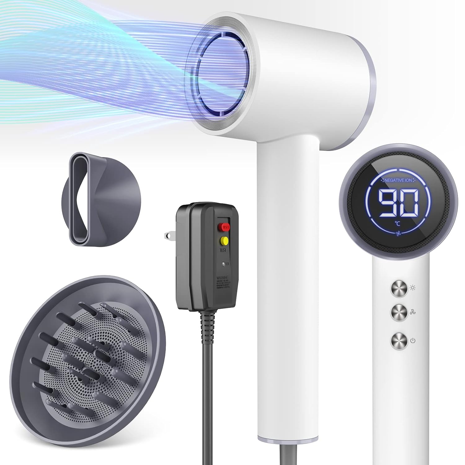 Hair Dryer Blow Dryer with Diffuser, 110000RPM High-speed Professional Blow Dryer for Fast Dry, Ionic Hair Dryer with Magnetic Nozzle&LED Display, Portable Hair Dryer for Salon Home Travel-Pearl White