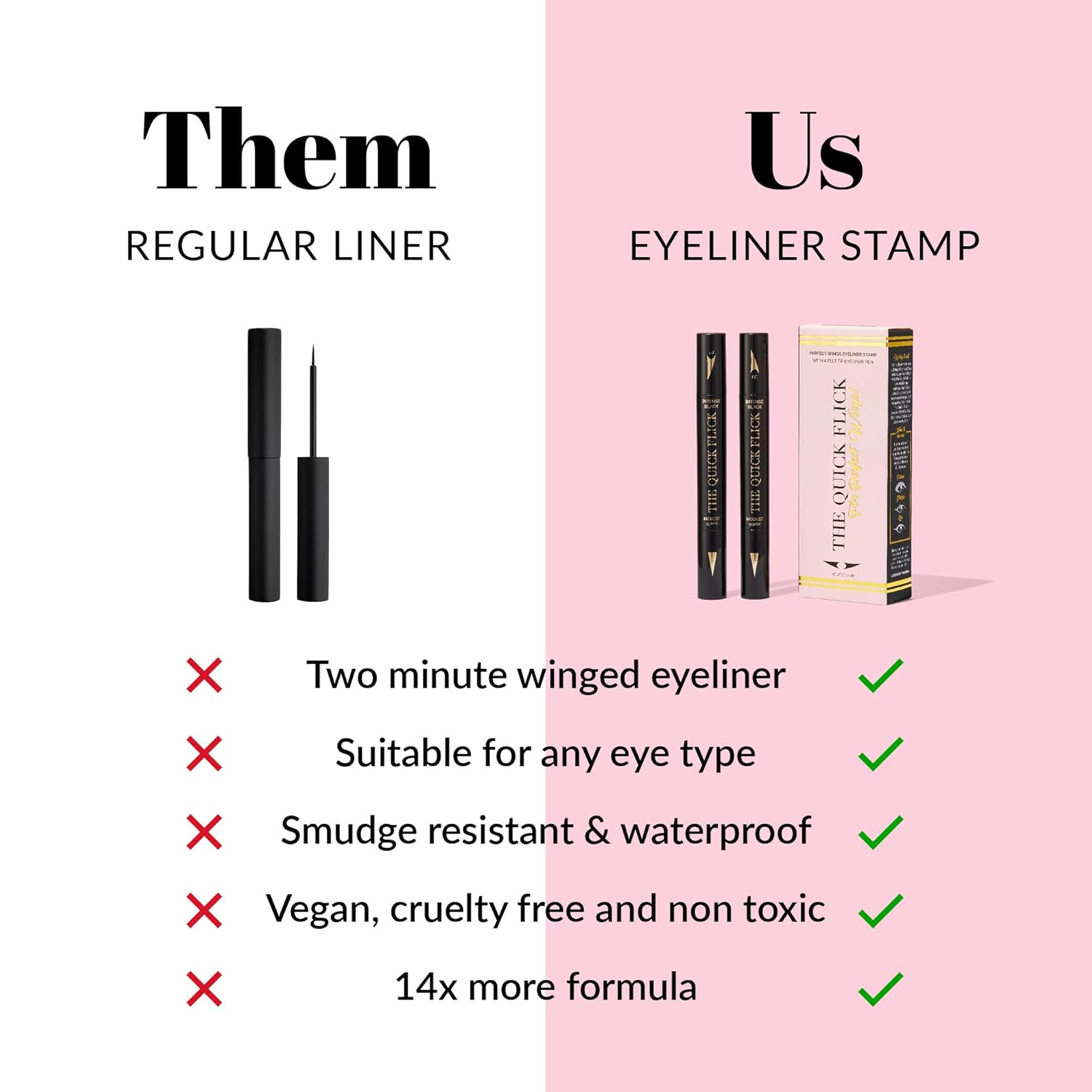 The Quick Flick Winged Eyeliner Stamp – Waterproof & Smudge Proof Vegan Cat Eye Stamp Eyeliner – 4mm Thick Winged Stamp & 10mm Modest Felt-Tip Liquid Hypoallergenic Eyeliner Pen (Intense Black-2 Pen) - Image 5