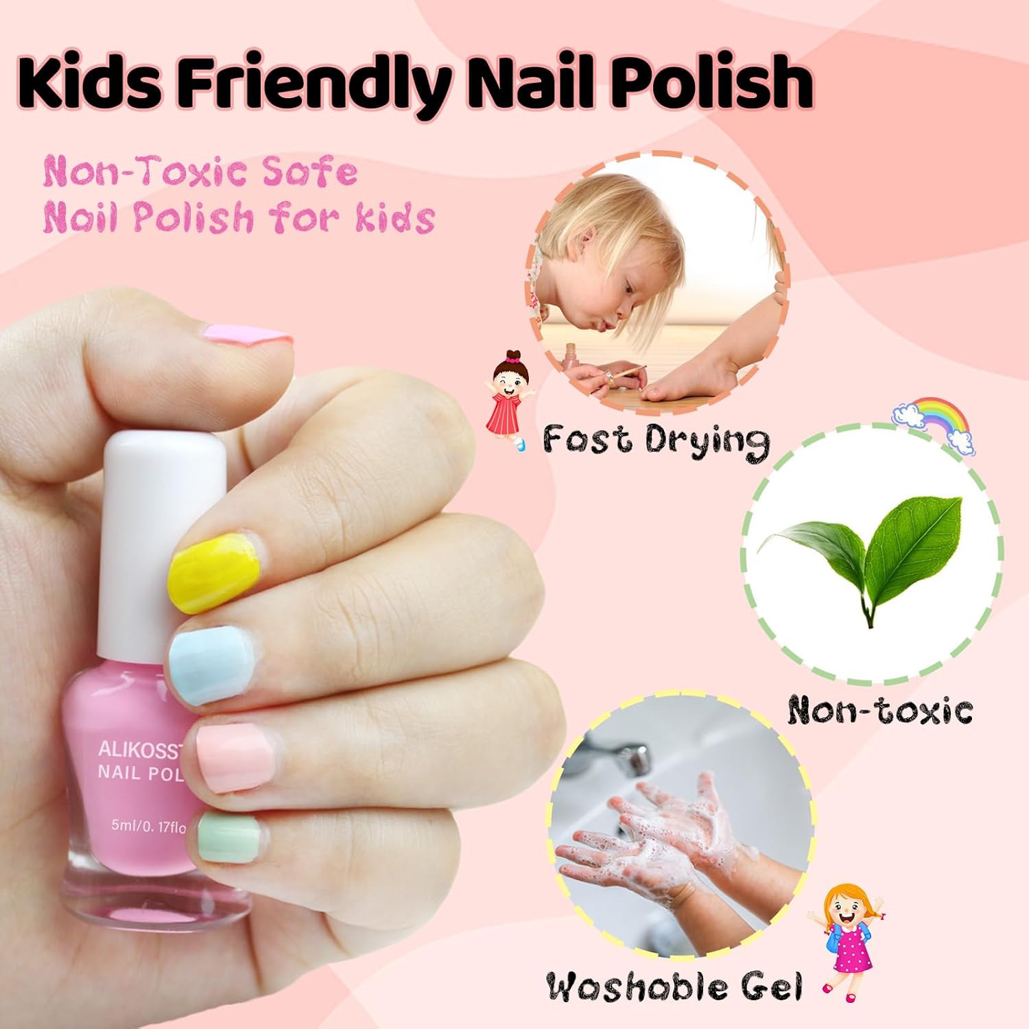 Kids Nail Polish Set for Girls - 10 Rainbow Colors Non-Toxic Quick Dry Peel Off Water Based Nail Polish Toys Kit for Toddler Teen Party - Image 4