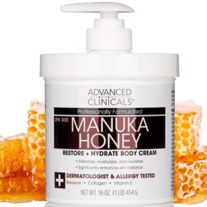 Advanced Clinicals Manuka Honey Body Cream For Women & Men | Body Butter Lotion For Extremely Dry Skin | Collagen Cream | Skincare Moisturizer Hydrating Balm Improves Look Of Aging Skin, 16 Ounce