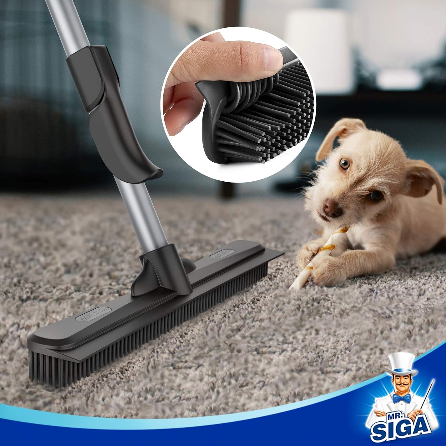 MR.SIGA 3-in-1 Pet Hair Rubber Broom Squeegee New Adjustable 61 Inch Handle - Image 4