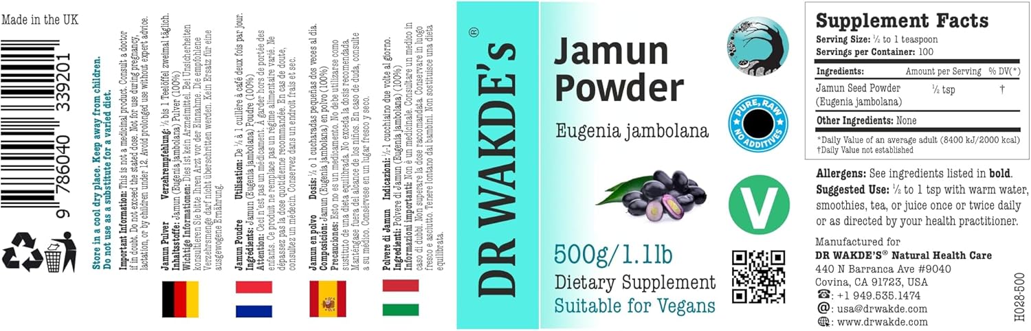 DR WAKDE'S Jamun Powder (Black Plum | Eugenia Jambolana) - 500g (1.1lb) | Pure, Raw & Dried Powder | Natural Aroma and Freshness | Fine Powder | Vegan | Premium Grade | Nothing Added, Nothing Removed