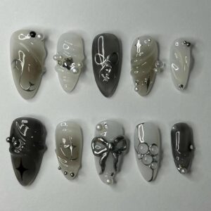 Black Press on Nails Medium Almond Fake Nails with 3D Bow Pearl Designs Glossy Black Gradient False Nails Y2K Silver Star Water Drops Full Cover Acrylic Nails Stick on Nails for Women 24Pcs