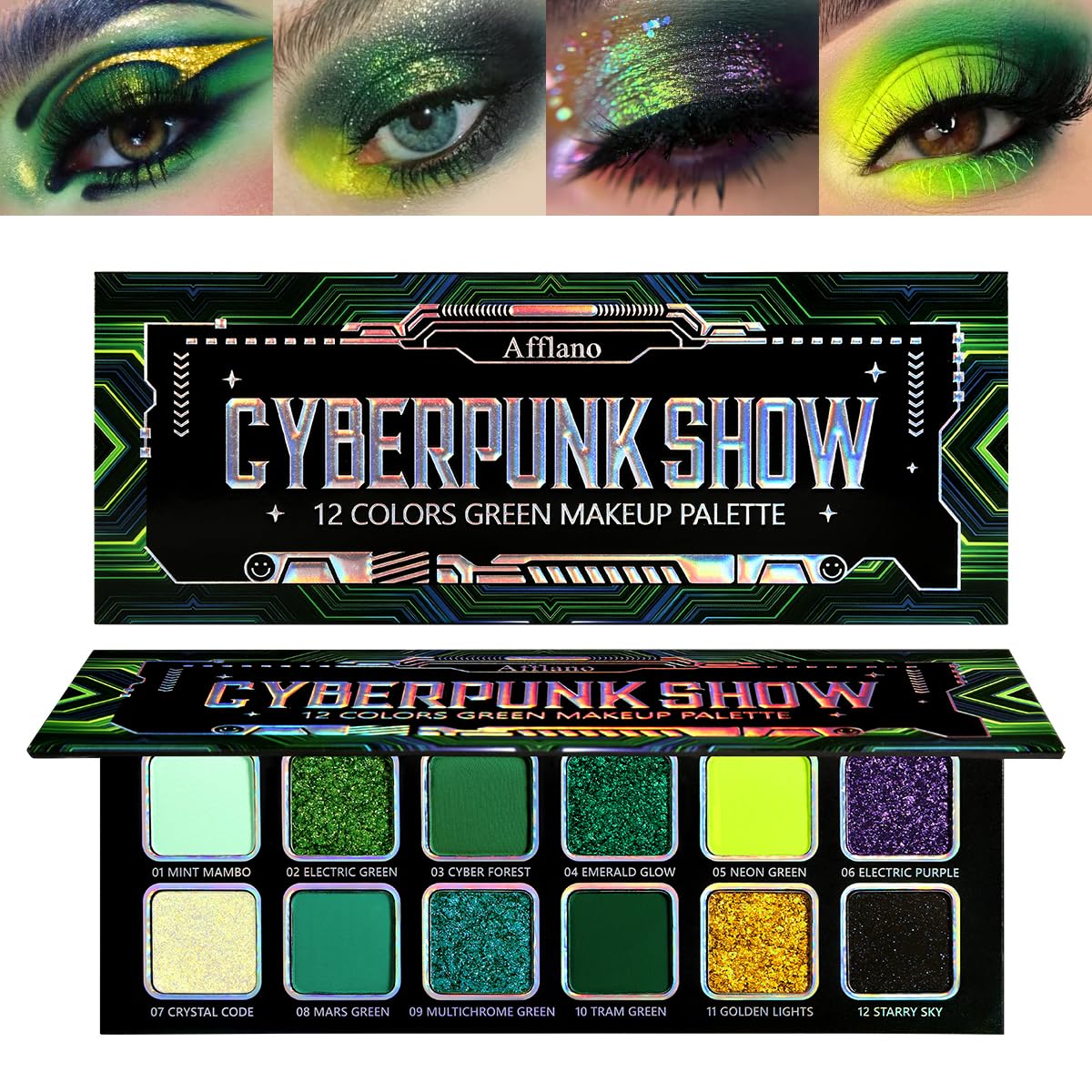 Afflano Multichrome Green Eyeshadow Palette, Color-Shifting Green Glitter Eyeshadow Pallet, Matte Chrome Eye Shadow Dark Forest green Makeup for Women Smokey Blue Brown Eyes Cosplay Party Daily Use