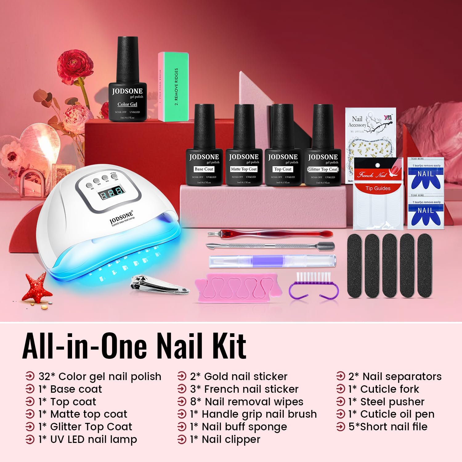 JODSONE Gel Nail Polish Kit with U V Light 32 Colors Gel Polish Nail + 4 Functional Adhesive Bottles Kit Soak Off Manicure Tools Gifts for Women - Image 3