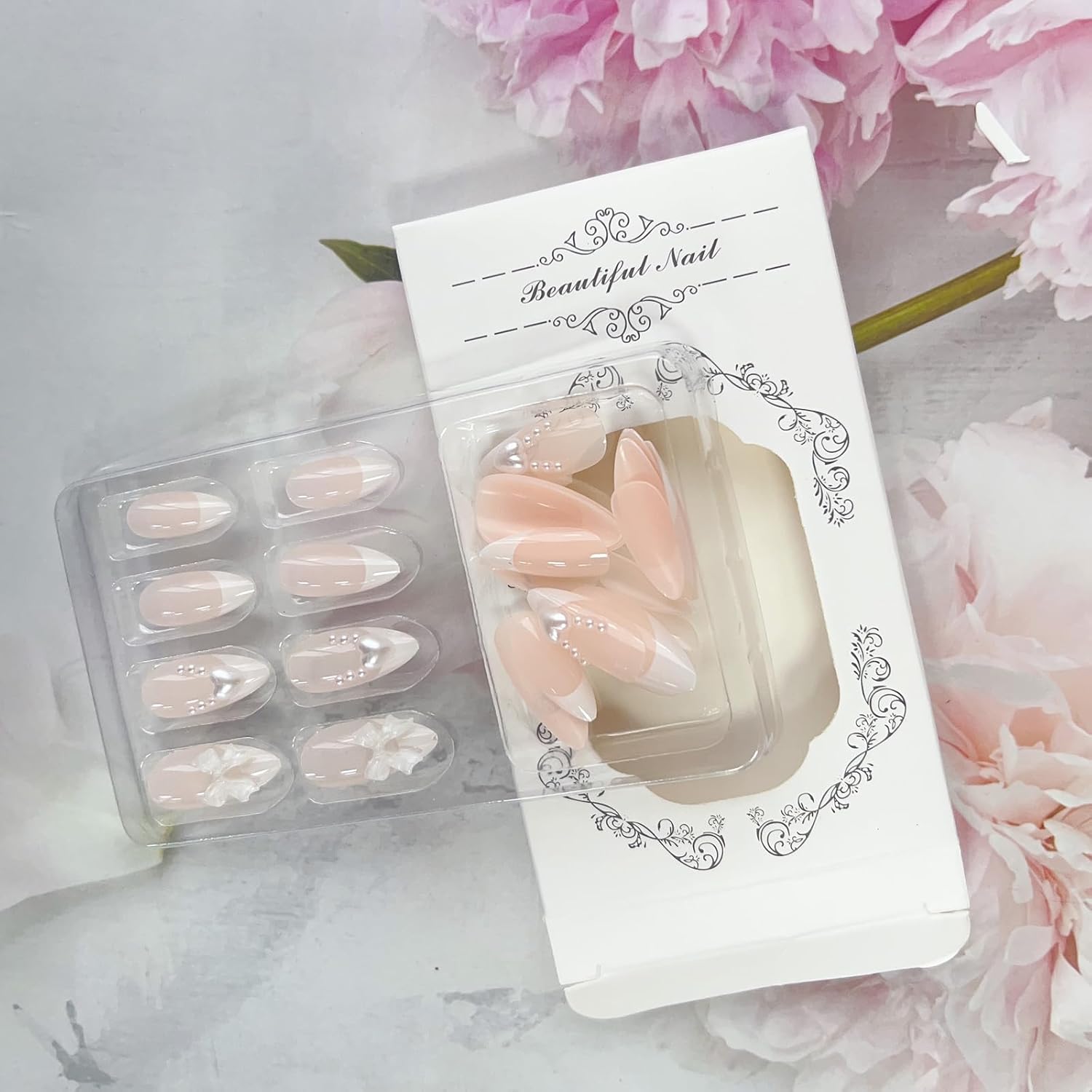 Almond Press on Nails White French Tip Fake Nails Medium Length Acrylic Nails Press ons with Bow Charms Designs Cute White Pearls Glue on False Nails Reusable Stick on Nails 24pcs - Image 5