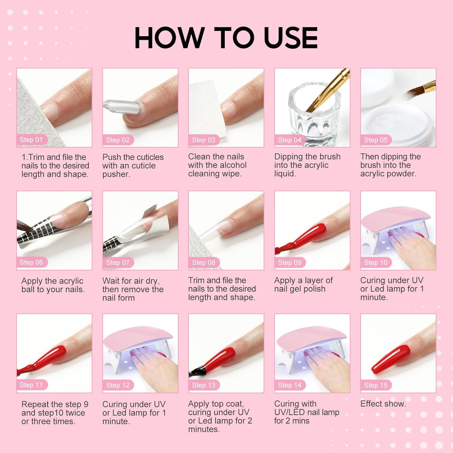 COSCELIA Acrylic Nail Kit for Beginners with Everything,4 Colors Acrylic Powder Professional Nail Kits with Nail Drill U V Light Glitter Decorations DIY Extension Nails Home Use for Women - Image 8