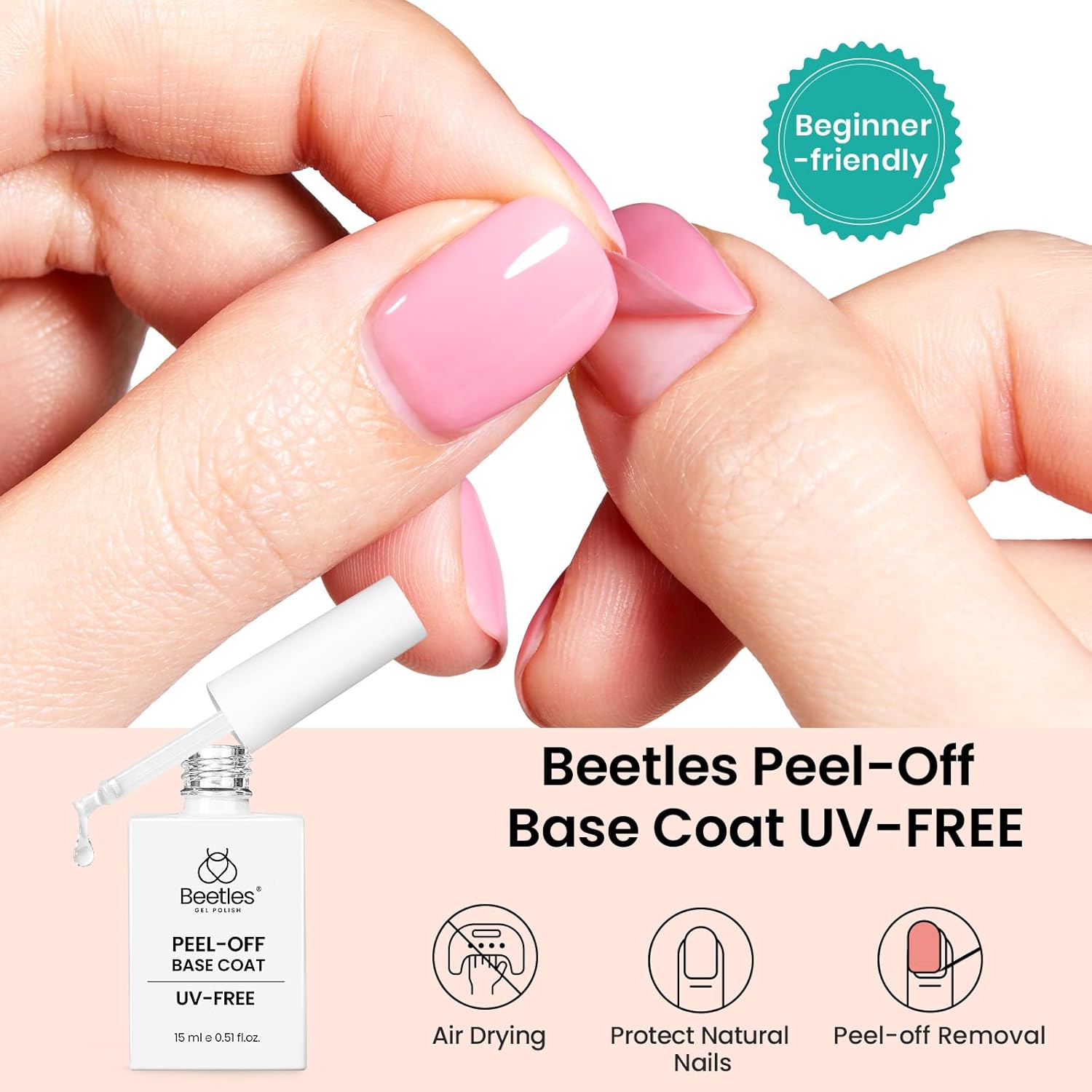 Beetles Peel Off Base Coat for Gel Nail Polish – 15ml No Lamp Air Dry Base for Nail Practice, Beginner Friendly, Easy Removal Gentle Formula for Press On Nails and DIY Nail Art - Image 2