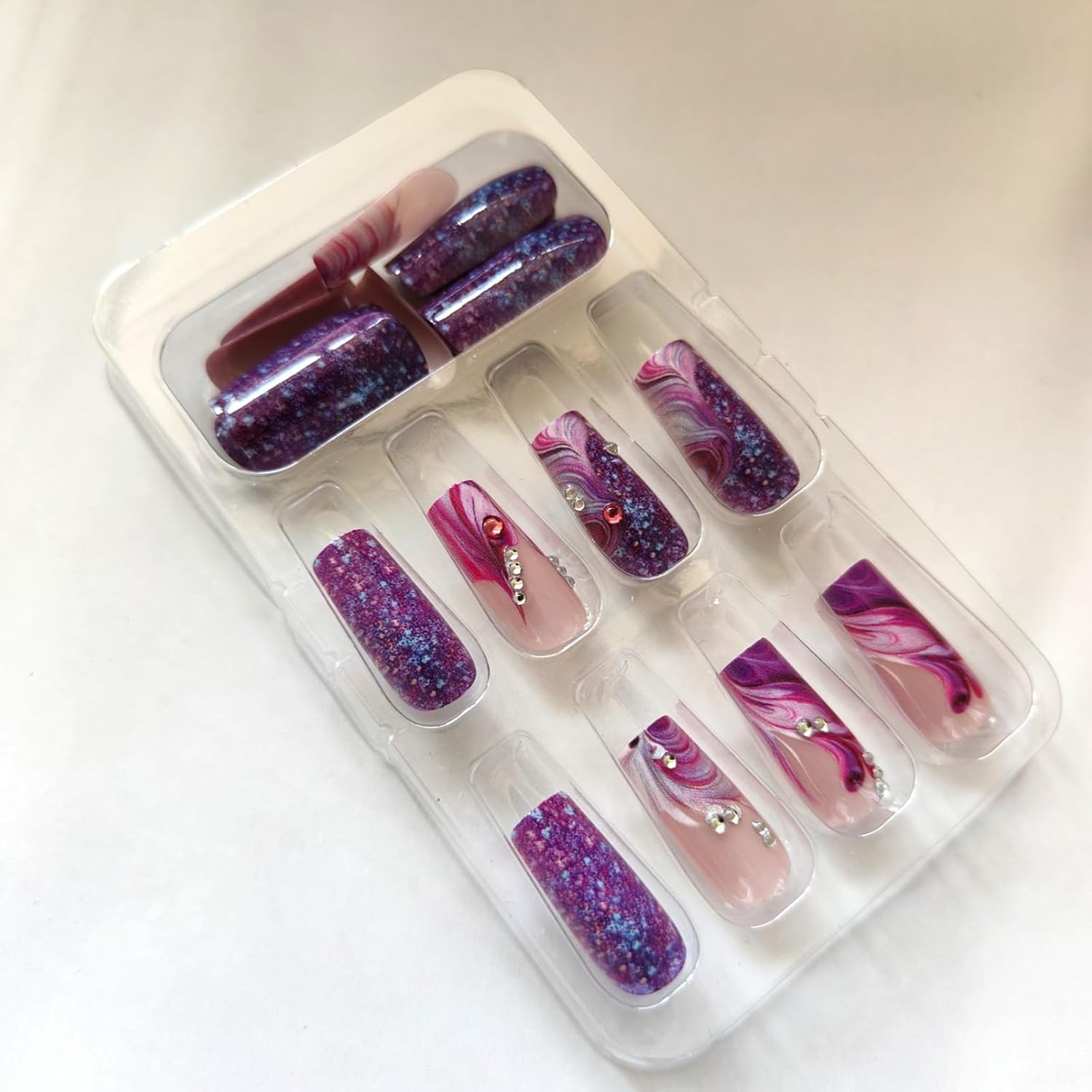 24Pcs Purple Press on Nails Medium Square Fake Nails with Rhinestone Designs Spring False Nails Purple Glitter Acrylic Nails Glossy Glue on Nails Full Cover Stick on Nails for Coquette Women - Image 3