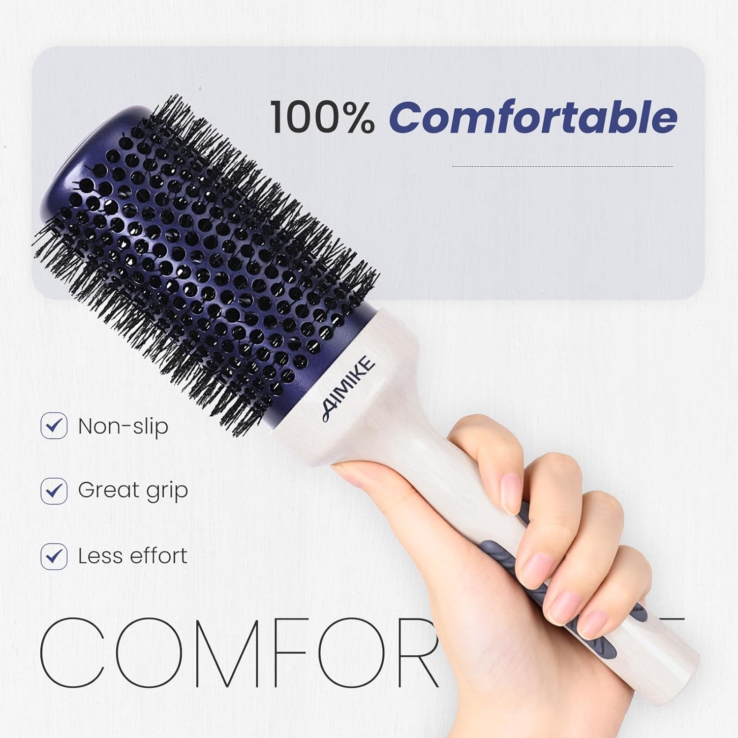 AIMIKE Nano Ionic Tech Large Round Brush, Ceramic Brush for Blow Drying, Styling and Boosting Volume, Natural Wood Handle - 2 Inch/52mm - Image 7
