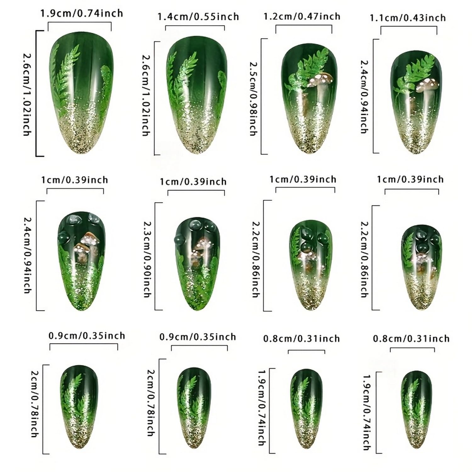 Green Glitter Press on Nails Medium Almond Shaped False Nails with Mushroom and Leaf Designs Gradient Fake Nails Full Cover Spring Acrylic Nails Stick on Nails for Women Nail Art Manicure 24 Pcs - Image 5
