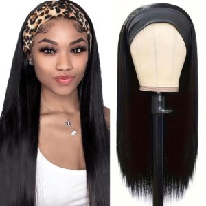 Headband Wig Human Hair 20 Inch Short Straight Headband Wigs 180% Density Half Wigs for Black Women Glueless No Lace Front Human Hair Natural Color Brazilian Virgin Hair