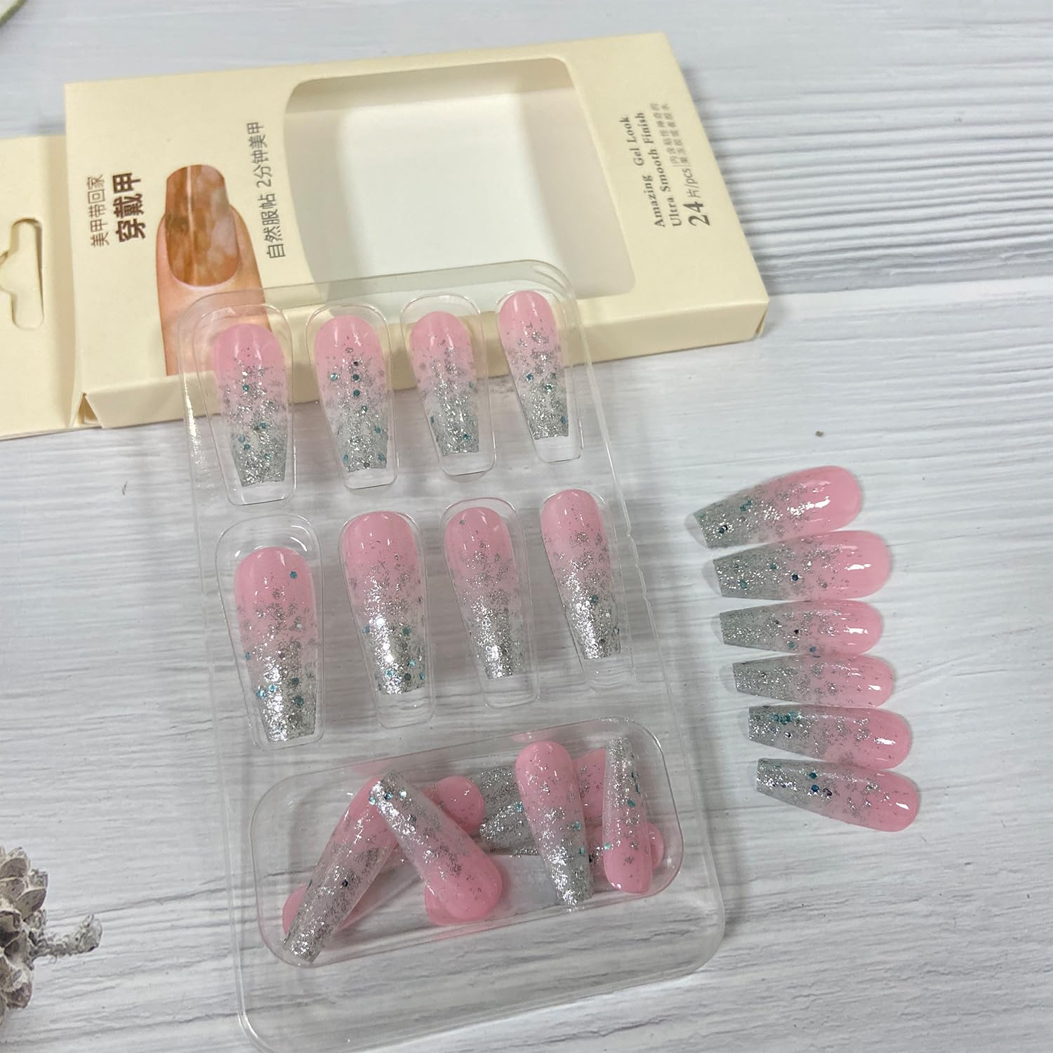 Glitter Press on Nails Coffin Long Pink False Nails With Designs Full Cover Reusable Acrylic Ballerina Artificial Glue on Nails for Women 24Pcs - Image 5