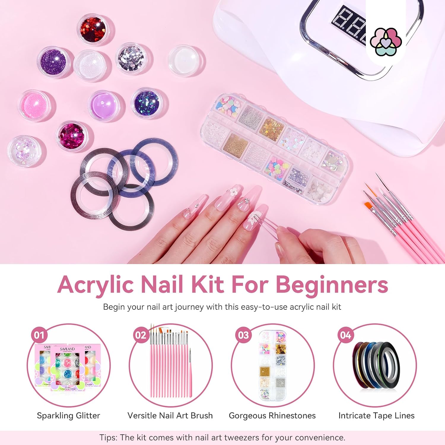 Saviland Acrylic Nail Kit for Beginners: Keratin Acrylic Powder Castor Oil Vitamin E Gel Nail Polish Primer 180W Nail Lamp Nail Drill Full Tools Everything Home Starters - Image 7