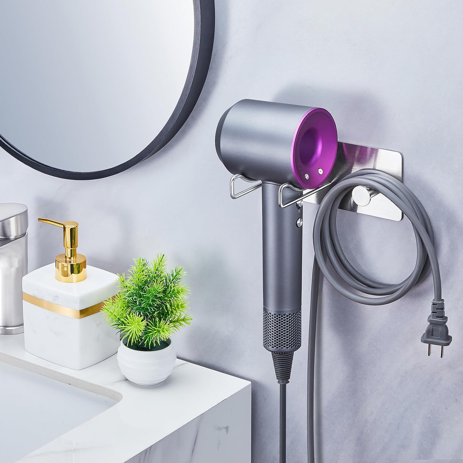 Hair Dryer Holder Wall Mounted Adhesive Blow Dryer Holder,SUS 304 Stainless Steel Hairdryer Holder Hanger Storage, Hair-dryer Rack Stick on Vanity Cabinet for Bathroom ,Hair Tool Organizer with Hook - Image 3