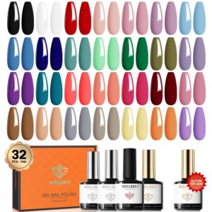 modelones 32 PCS Gel Nail Polish Set, 28 Colors Gel Polish with No Wipe Base Coat, Glitter & Glossy & Matte Top Coat Black Brown Red Purple Soak Off LED Nail Art Kit Salon at Home
