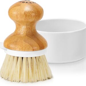 SUBEKYU Bamboo Dish Brush, Kitchen Dish Scrubber Brush with Soap Dispenser, Natural Wooden Dishwashing Brush for Cleaning Dishes/Pans/Pots, Built-in Scraper, Sisal Bristles,1 Set