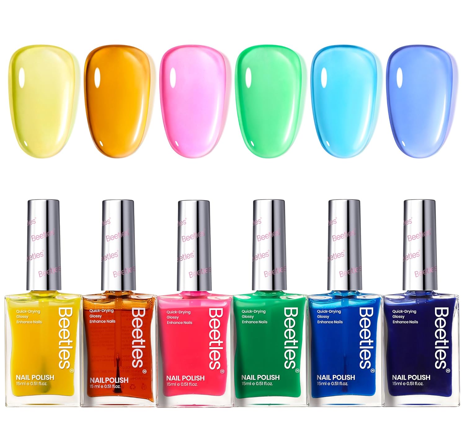 Beetles Neon Nail polish Set, 6 Jelly Colors Bright Rainbow Nail Polish Kit Quick Dry Summer Finger Nail Polish Glossy Shine Nail Lacquer Polish Long Lasting Syrup Nails Nail Polish Gifts for Women