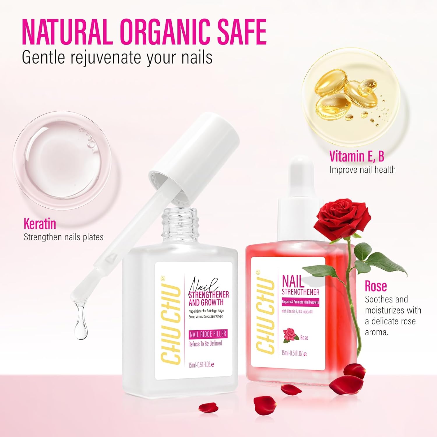 2-in-1 Nail Strengthener and Rose Cuticle Oil Set Clear Polish Growth and Repair - Image 4