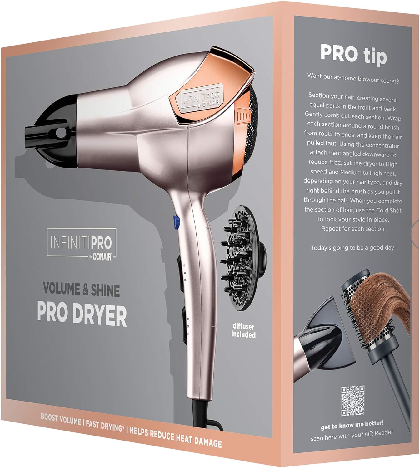 INFINITIPRO BY CONAIR Hair Dryer with Diffuser | Volume and Shine Pro AC Motor Blow Dryer | Includes Diffuser and Concentrator | Rose Gold - Image 7