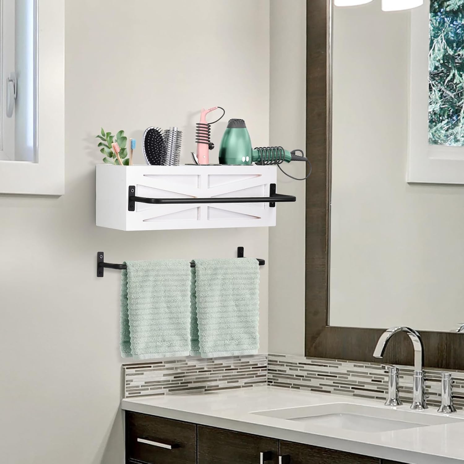 Hair Dryer Holder Wall Mount, Wood Hair Tool Organizer, White Hot Tools Organizer with 2 Towel Bars, Rustic Bathroom Organizer Blow Dryer Holder for Bathroom Decor, Flat Iron, Curling Wand, Brushes - Image 2