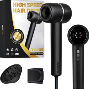 Hair Dryer, 160000RPM High Speed Hair Dryer,Professional Blow Dryer 500 Millions Negative Ionic Care Fast Drying Ionic Blow Dryer, Thermo-Control Low Noise with Magnetic Nozzle & Diffuser, Black