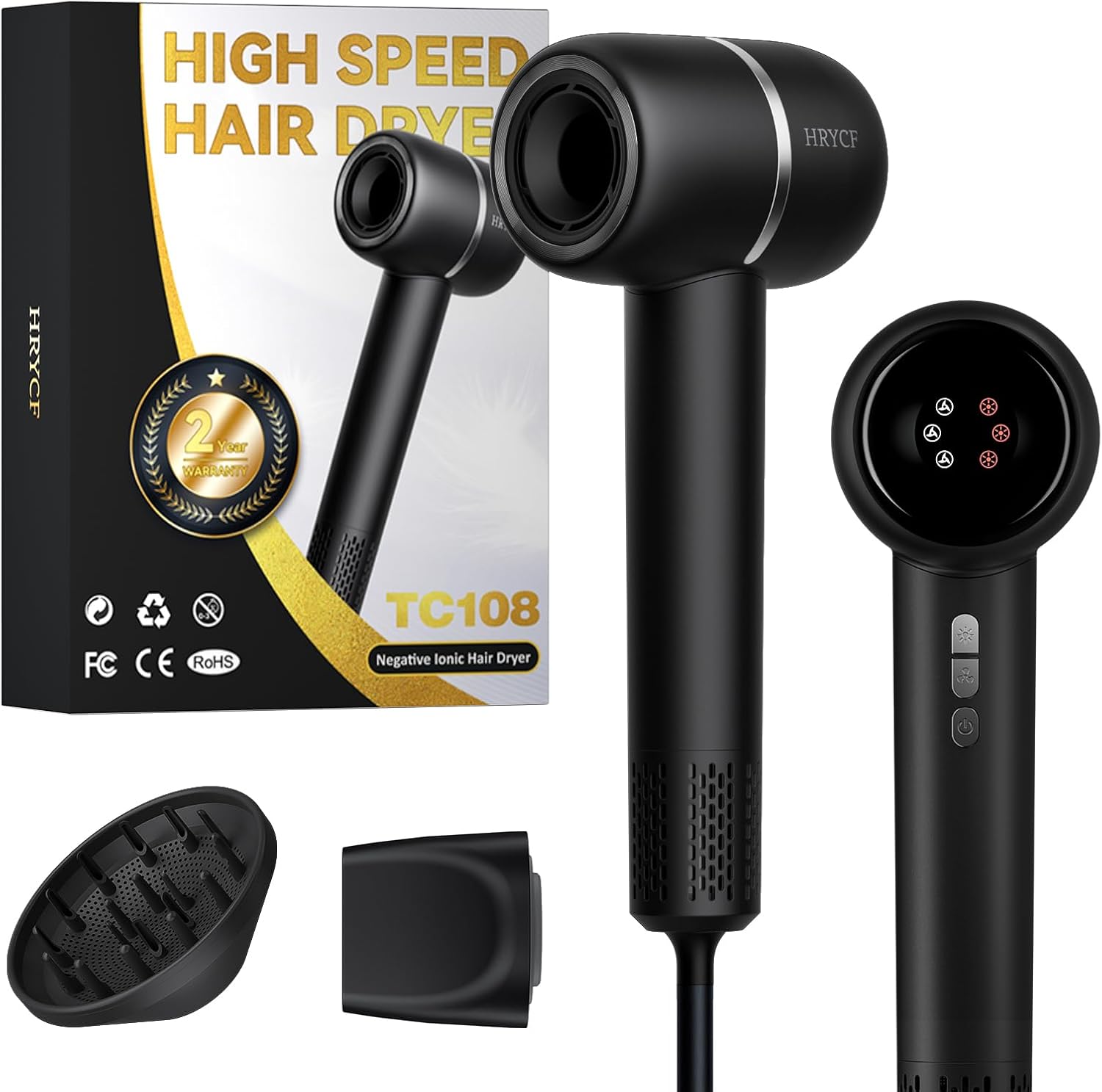 Hair Dryer, 160000RPM High Speed Hair Dryer,Professional Blow Dryer 500 Millions Negative Ionic Care Fast Drying Ionic Blow Dryer, Thermo-Control Low Noise with Magnetic Nozzle & Diffuser, Black