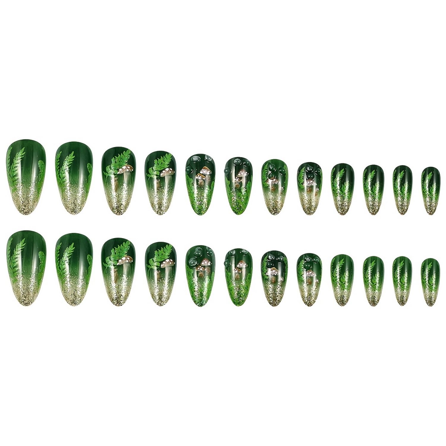 Green Glitter Press on Nails Medium Almond Shaped False Nails with Mushroom and Leaf Designs Gradient Fake Nails Full Cover Spring Acrylic Nails Stick on Nails for Women Nail Art Manicure 24 Pcs - Image 4