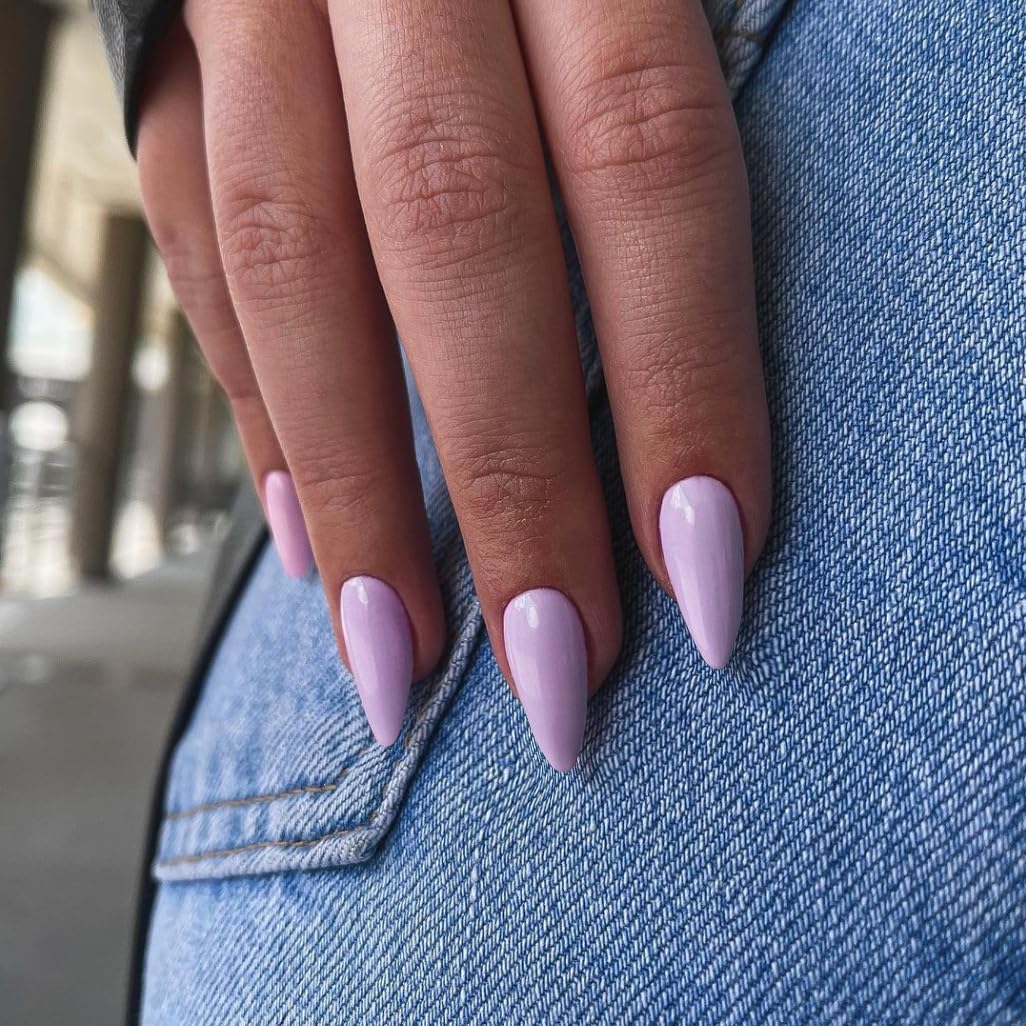 Light Purple Press on Nails Medium Stiletto Almond,KQueenest Pure Color Acrylic Nails Kit Reusable Fake Nails with Feature Protective UV Coating for Women Nail Art Manicure in 24PCS - Image 3