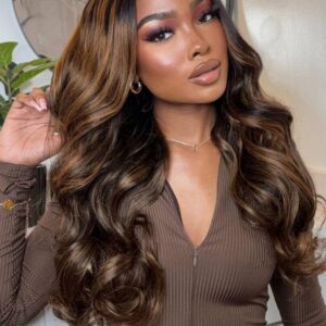 Beauty Forever 7x5 Bye Bye Knots 2.0 Balayage Brown Highlight 3D Body Wave Lace Front Wig Put on and Go Glueless Wigs with Pre-Bleached Pre Plucked Pre Cut HD Lace Wig for Women 150% Density 20 Inch