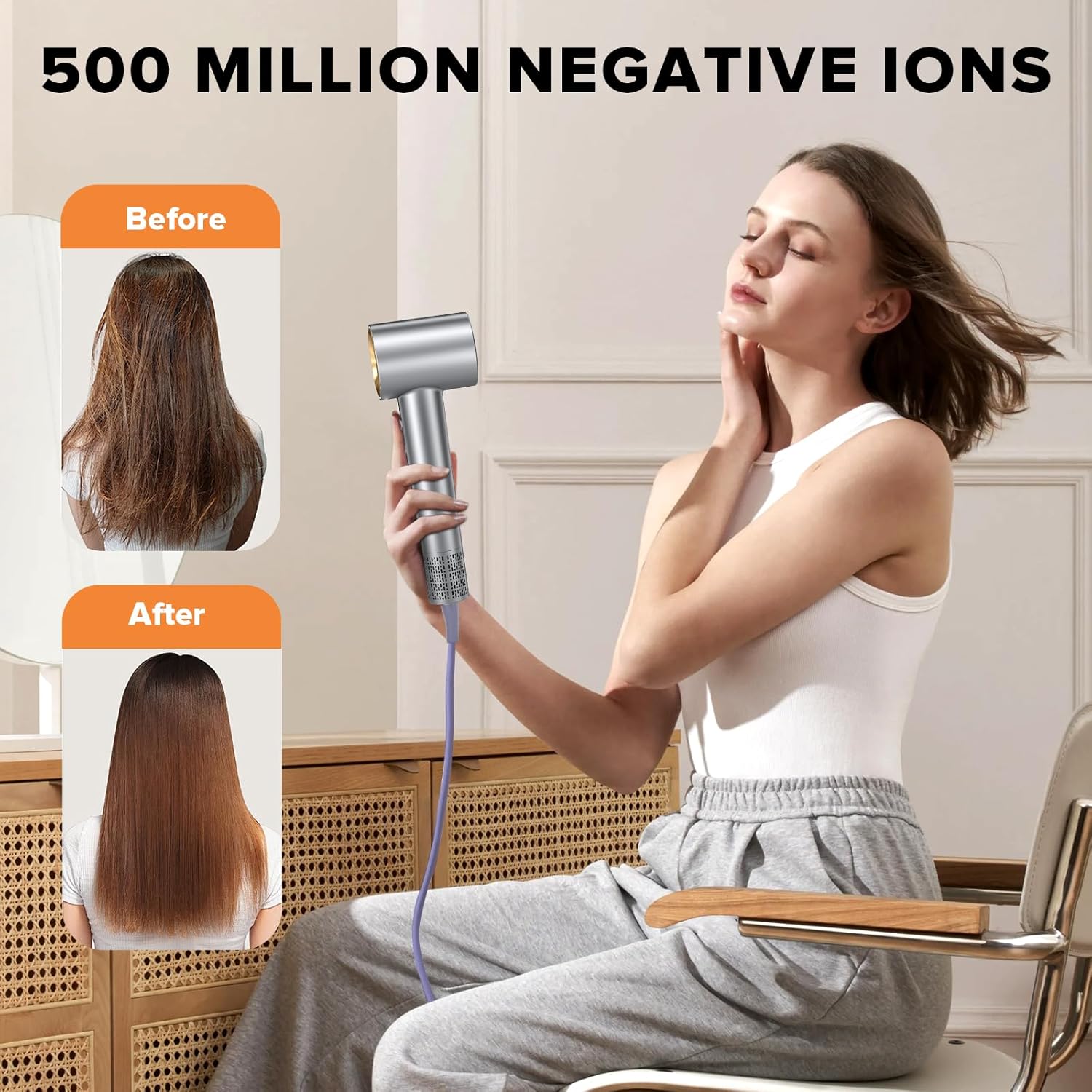 Hair Dryer, 150,000 RPM Brushless Motor, Ultra-Fast Drying with 3 Heat Settings & LED Lights, Negative Ion Technology, Quiet Lightweight Blow Dryer with Diffuser & Nozzle for Home, Salon, Travel Use - Image 4