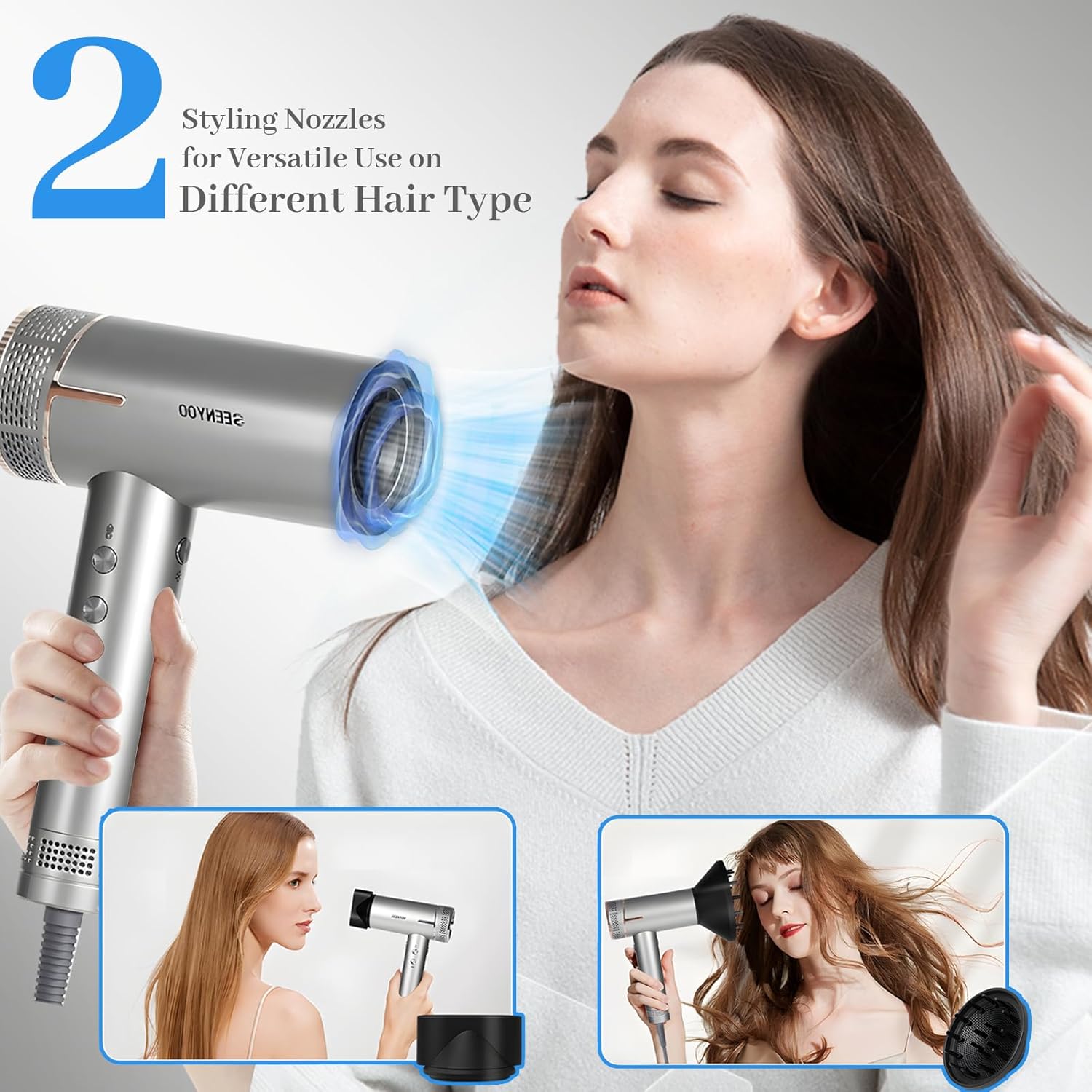 Hair Dryer, Quick Fast Drying 160000 RPM High Speed Ionic Blow Dryer, 2 Speeds & 4 Temps Hair Dryers with HD Display, Low Noise Hair Dryer with Magnetic Nozzle & Diffuser for Home Travel Salon - Image 3