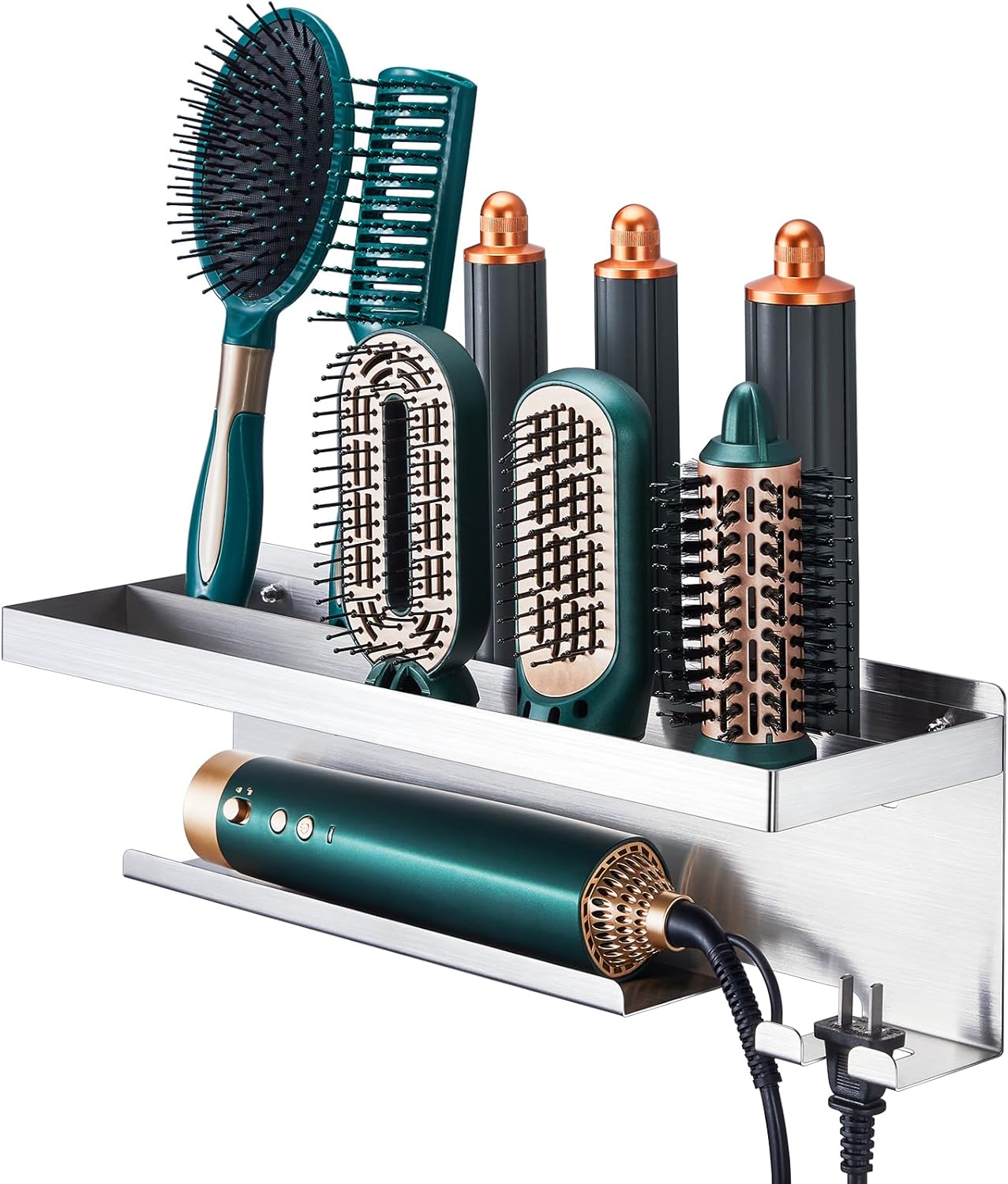 Hair Dryer Holder Wall Mount, Stainless Steel Curling Iron Holder, Hair Tool Organizer for Blow Dryer Brush, Adhesive Hair Straightener Holder Flat Iron Stand, Hair Multi-Styler Storage for Bathroom