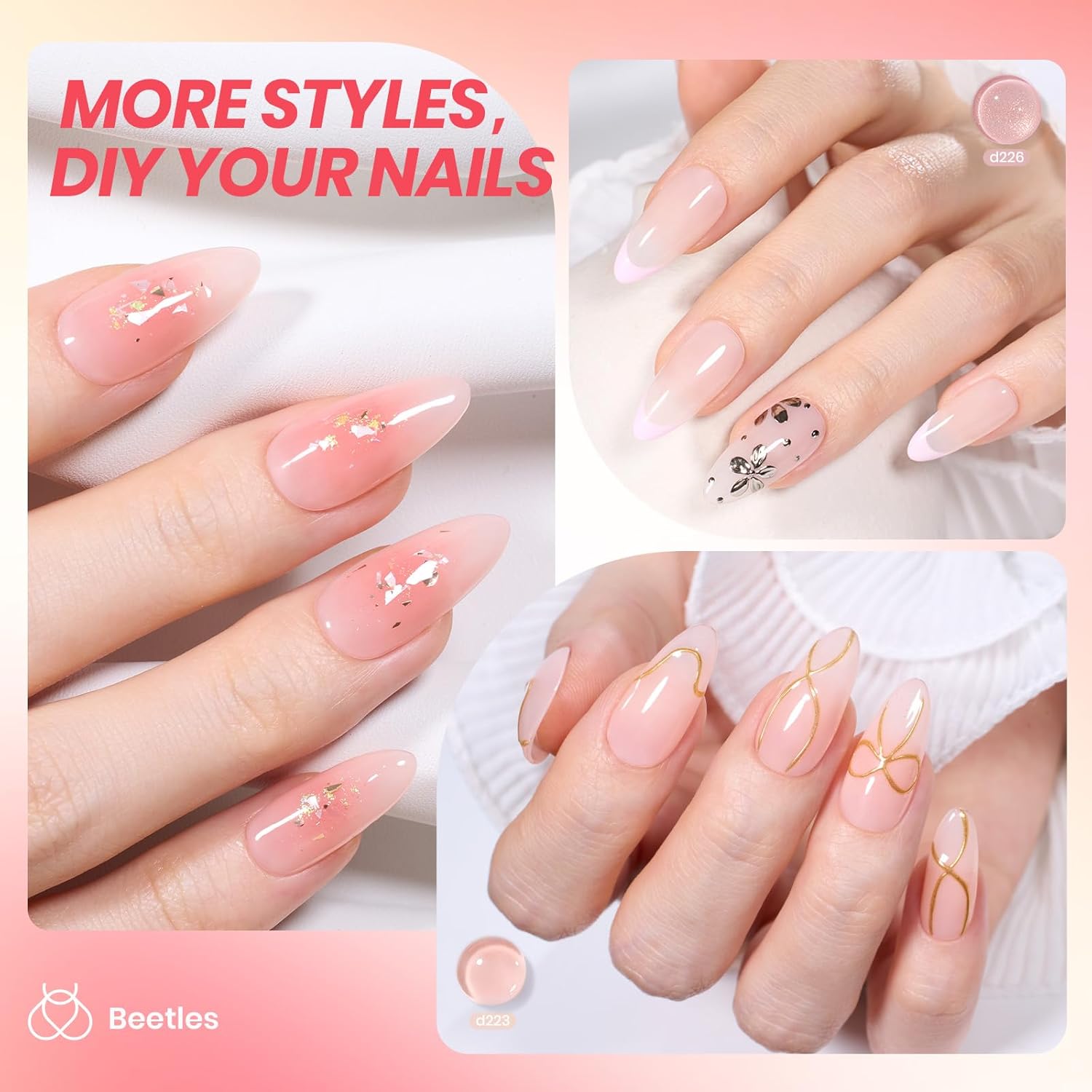 Beetles Jelly Gel Nail Polish Set - 6 Colors Nude Pink Gel Polish Kit Neutral Shimmer Translucent Sheer Gel Soak off Uv Nail Concealer Peach Juice Collection French Nail Art Manicure Gift for Women - Image 3