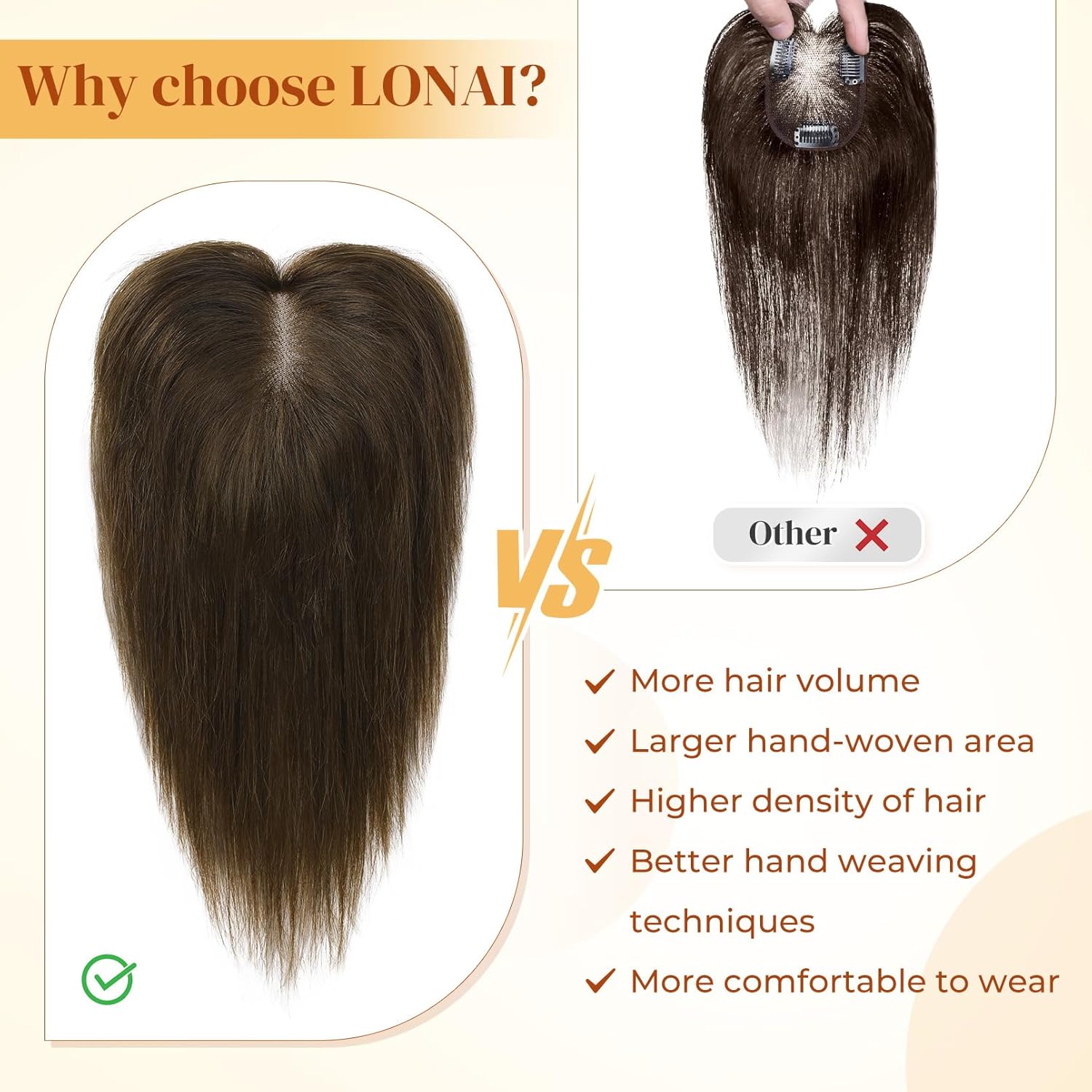 LONAI Real Human Hair Topper, 10 Inch 100% Human Hair Toppers for Thinning Hair, Large Hand-woven area Coverage Natural Hairpiece Wiglet for Women Daily 5"x3.5" Silk Base-Medium Brown with Blonde - Image 5