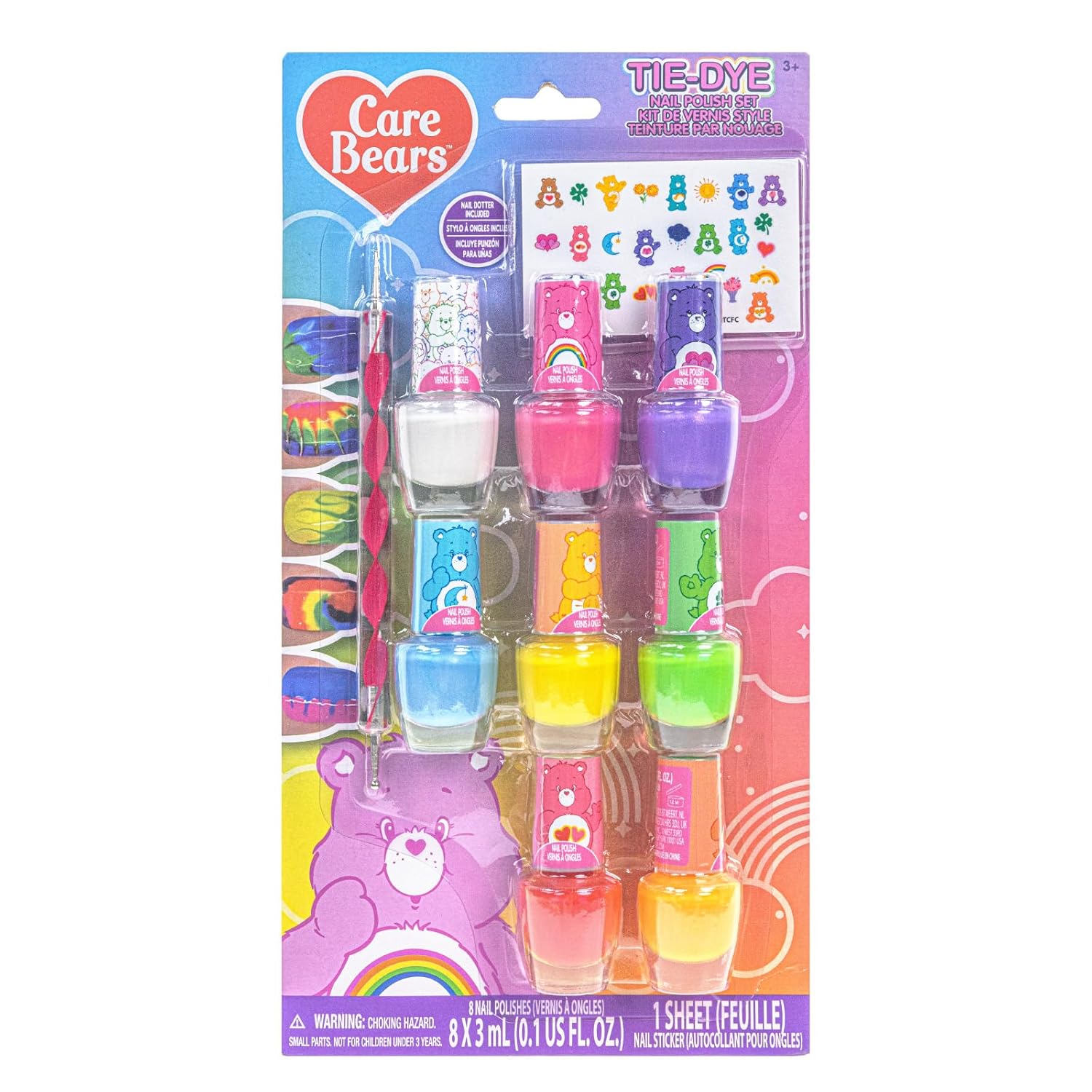 Townley Girl Care Bears 8 Piece Tie-Dye Kids Nail Polish Set | Non-toxic & Quick Dry Nail Polish with Nail Stickers | Birthday Gifts for Ages 3