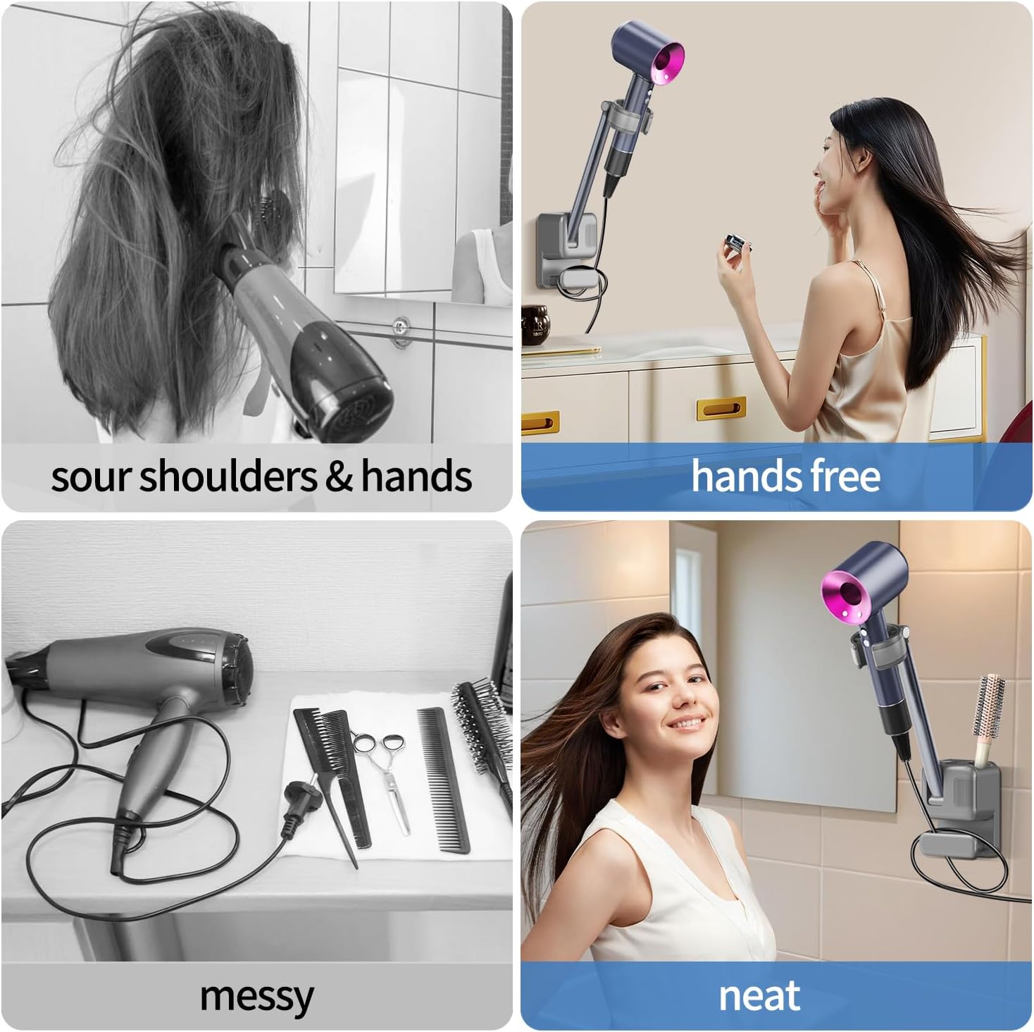Hands Free Hair Dryer Holder Wall Mount, Adjustable Bathroom Blower Dryer Holder Wall Mounted Hook Rack, Vanity Cabinet Door Hanger Storage, Suitable for Most Walls, Hair Dryers, with Cord Organizer - Image 6