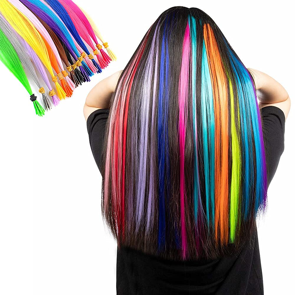 100 Strands 20" Party Colors Hair Extensions Kit I-Tip Fusion Long Straight Hairpieces Synthetic Heat Resistant Highlight Feather Micro Ring Hair Accessories, Include 100 Microbeads with Hook Tool - Image 7