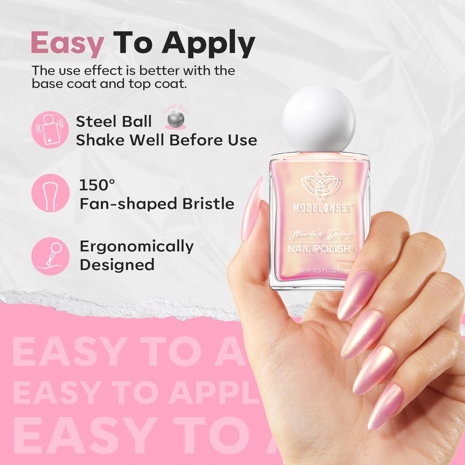 modelones Chrome Pink Nail Polish, 15 ml Pearl Mermaid Iridescent Shimmer Pink Quick Dry Nail Lacquer Long Last Shine Fingernail Polish Nail Art DIY Home Manicure Gift for Women Girls 0.5 Fl Oz - Image 5