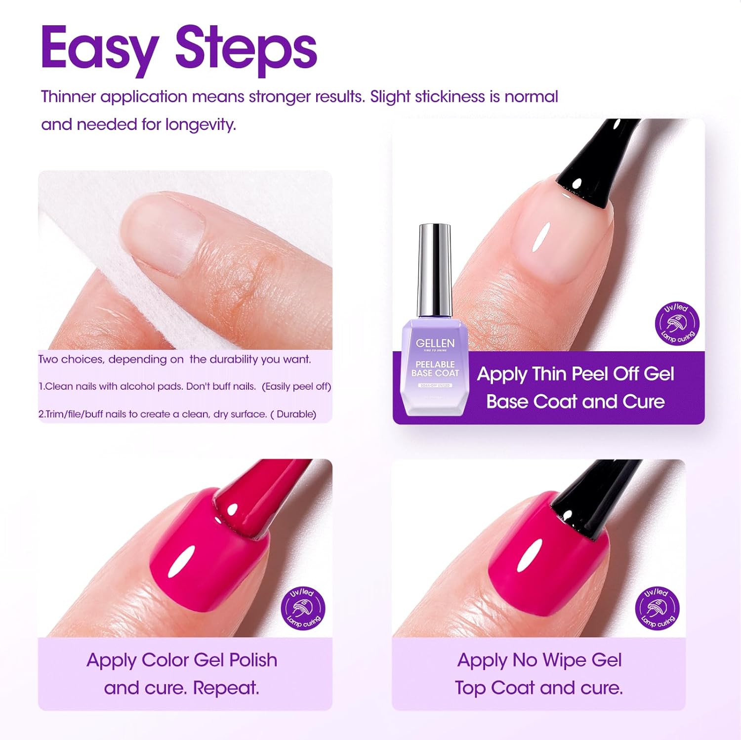 GELLEN Peel Off Base Coat, 18ml Peelable Gel Base Coat for Gel Nail Polish, UV LED Lamp Needed Clear Nail Polish without Soaking for Take off Nail Practice Beginners - Image 7