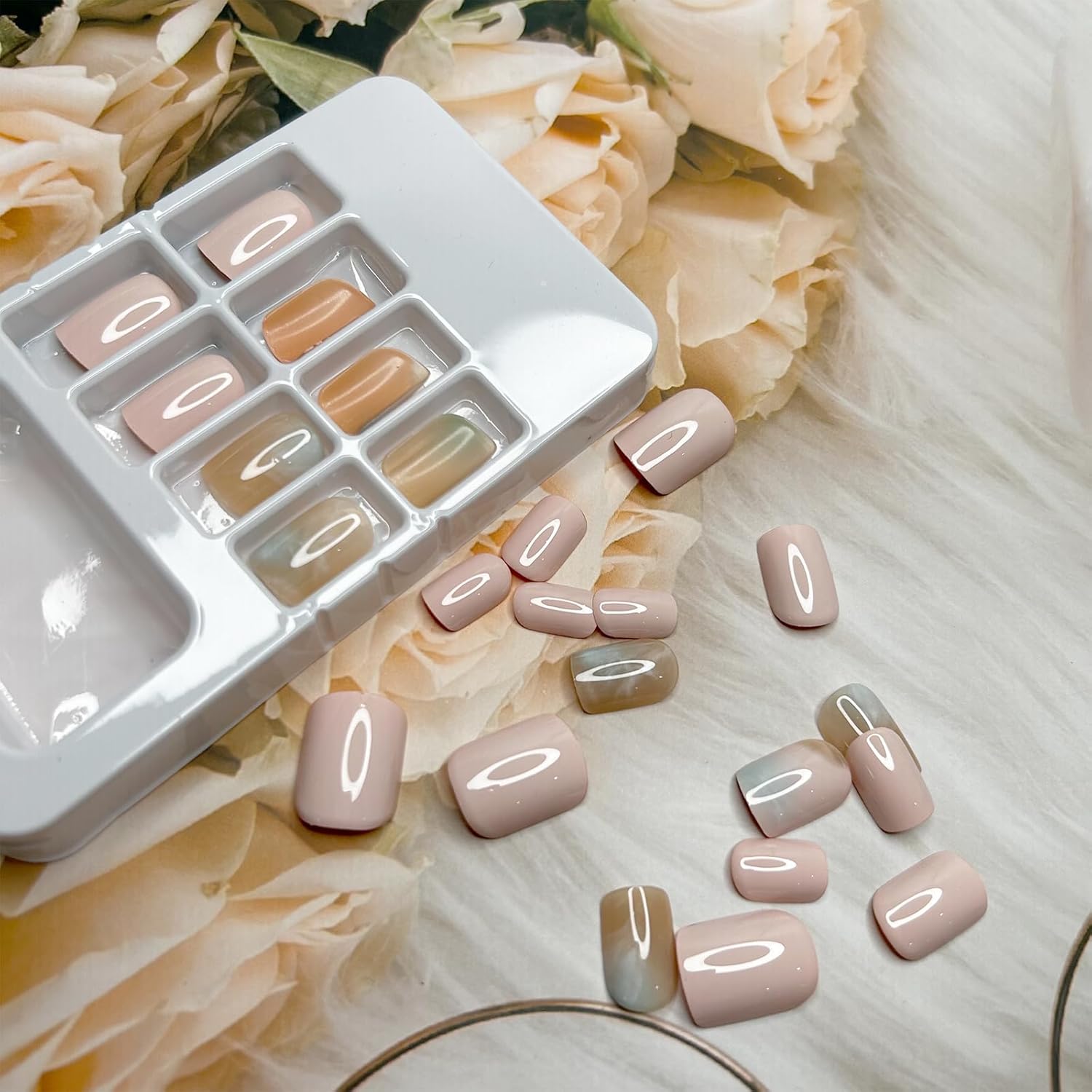 Gradient Blue Press on Nails Medium Square Fake Nude Pink Marble Design Acrylic False Nail Wavy Glue on Full Cover Glossy Nude Stick on for Woman Girls Manicure 24Pcs - Image 2